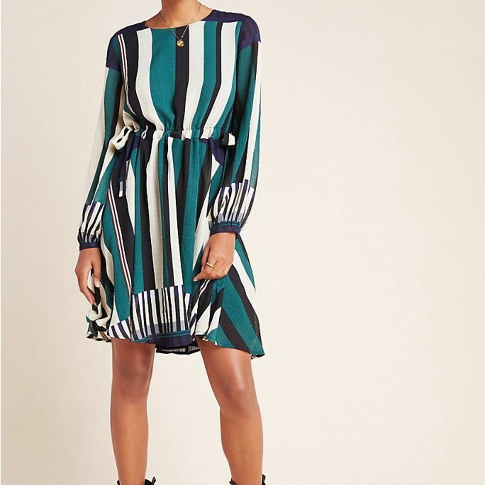 Chic Striped Long Sleeve Dress in Teal and Black NWT